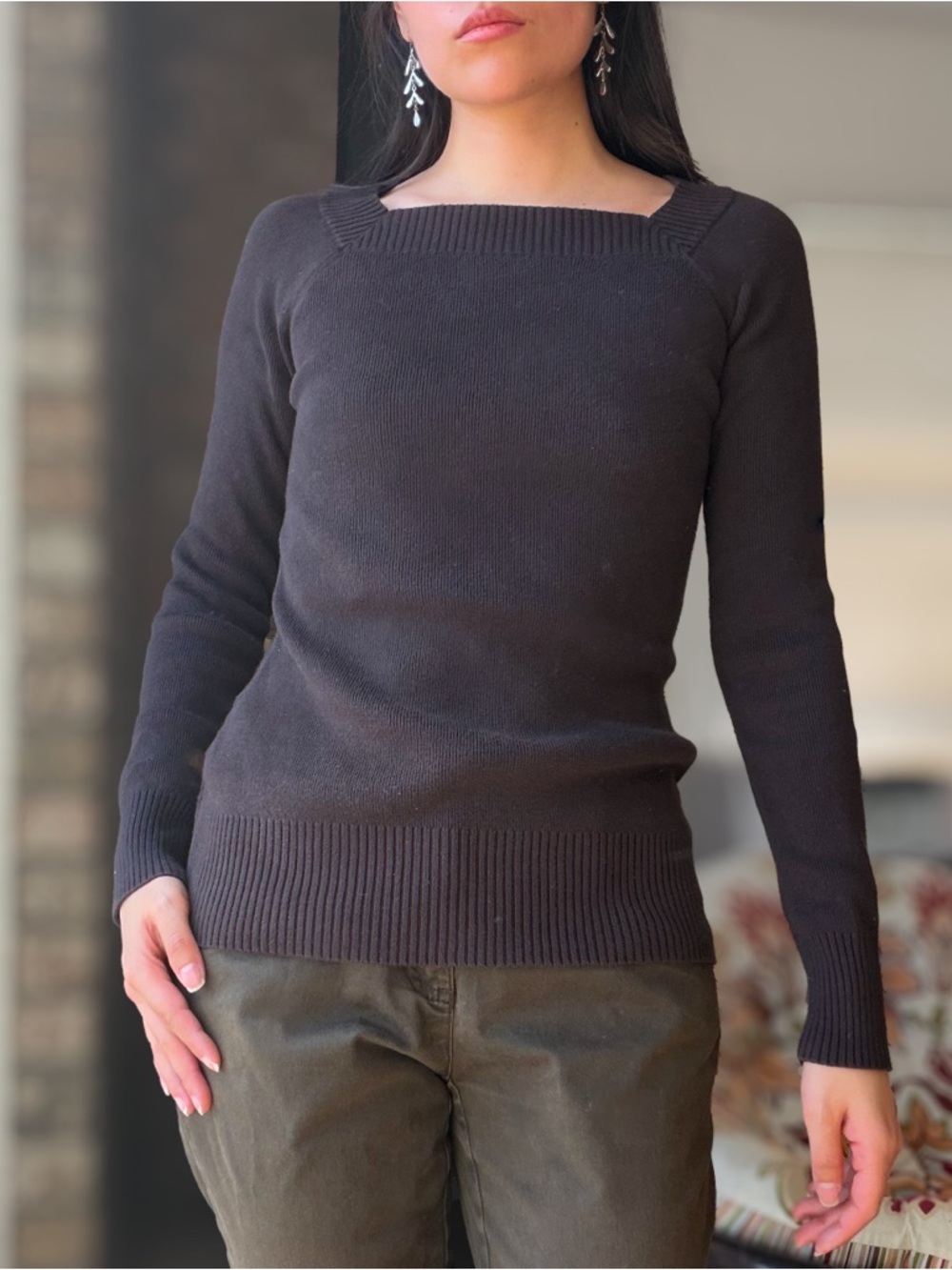RW&CO. Dark Brown Square-Neck Long Sleeve Sweater